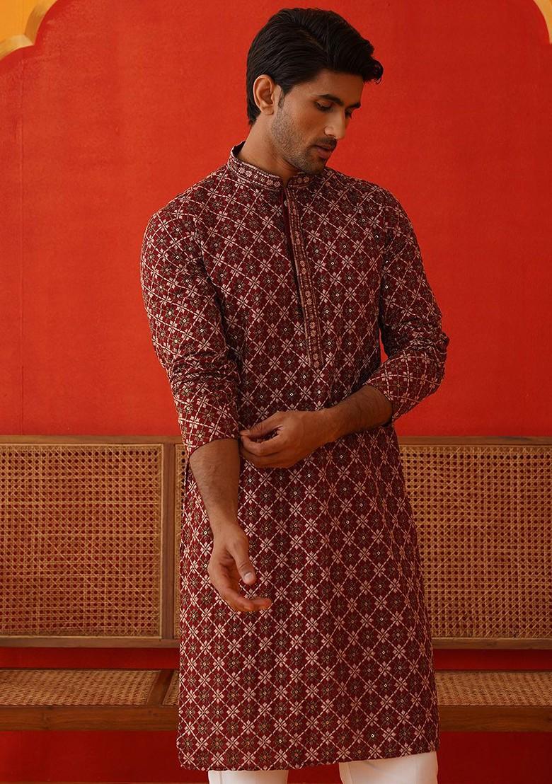 Maroon Embroidered Poly Blend Kurta For Men