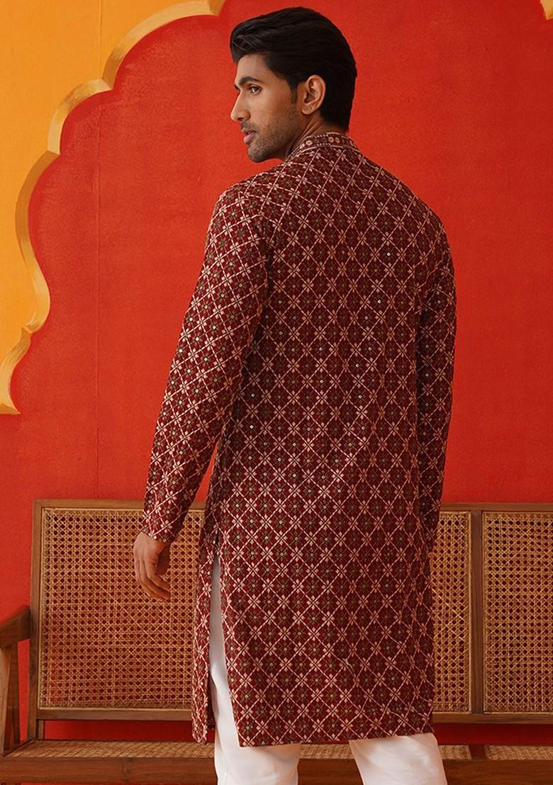 Maroon Embroidered Poly Blend Kurta For Men