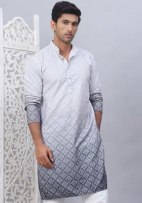 Grey Printed Poly Blend Kurta For Men