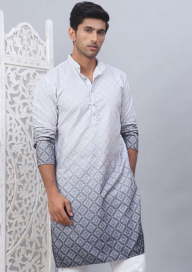 Grey Printed Poly Blend Kurta For Men - Indya