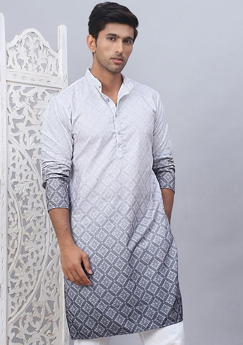 Grey Printed Poly Blend Kurta For Men