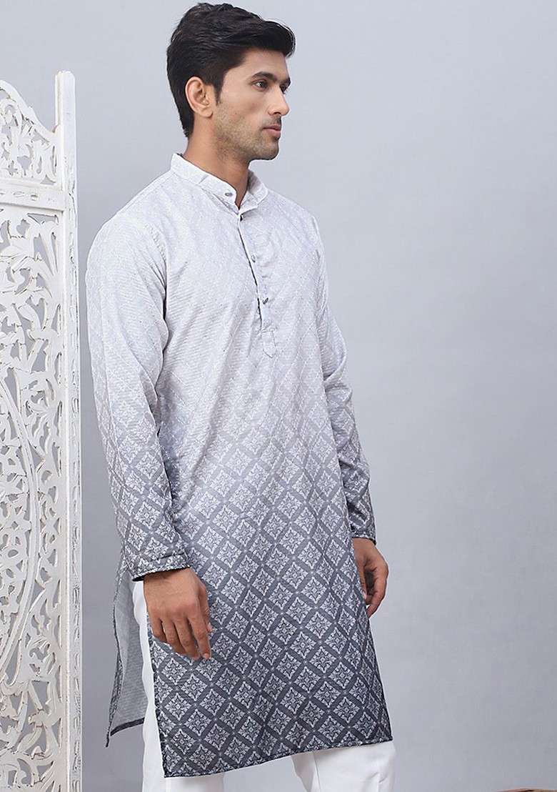Grey Printed Poly Blend Kurta For Men - Indya