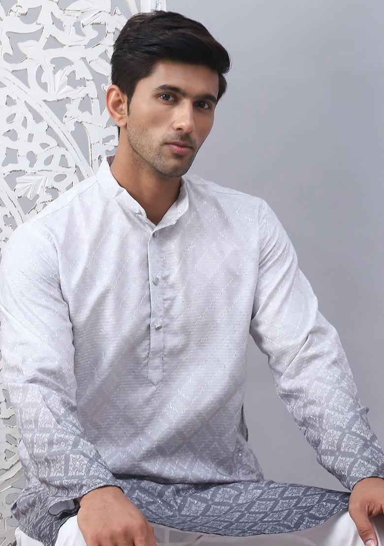 Grey Printed Poly Blend Kurta For Men