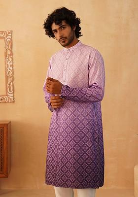 Purple Printed Poly Blend Kurta For Men