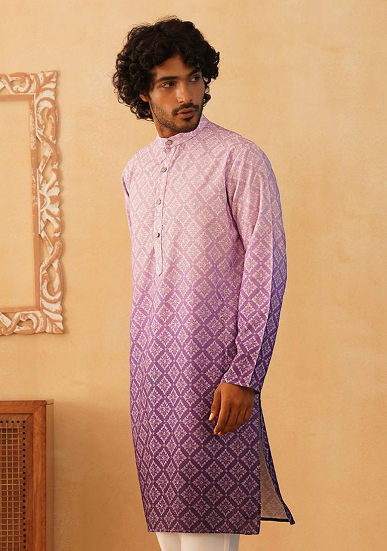 Purple Printed Poly Blend Kurta For Men