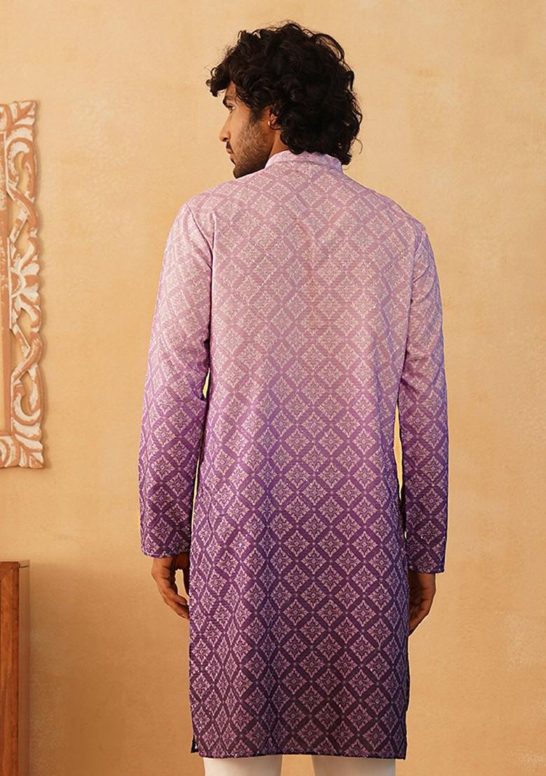 Purple Printed Poly Blend Kurta For Men
