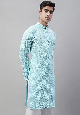 Turquoise Blue Embroidered Poly Blend Kurta For Men