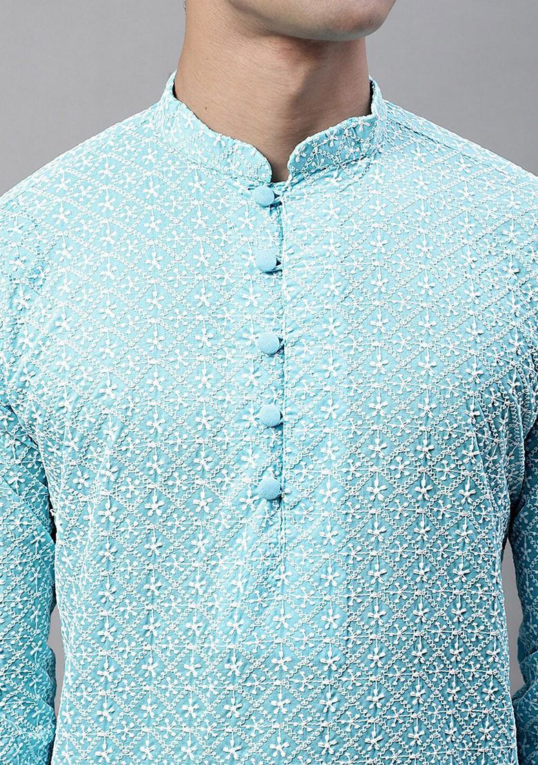 Turquoise Blue Embroidered Poly Blend Kurta For Men