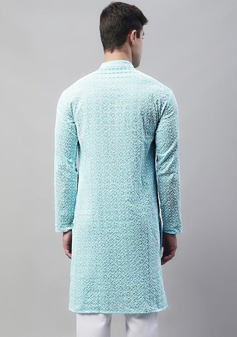 Turquoise Blue Embroidered Poly Blend Kurta For Men