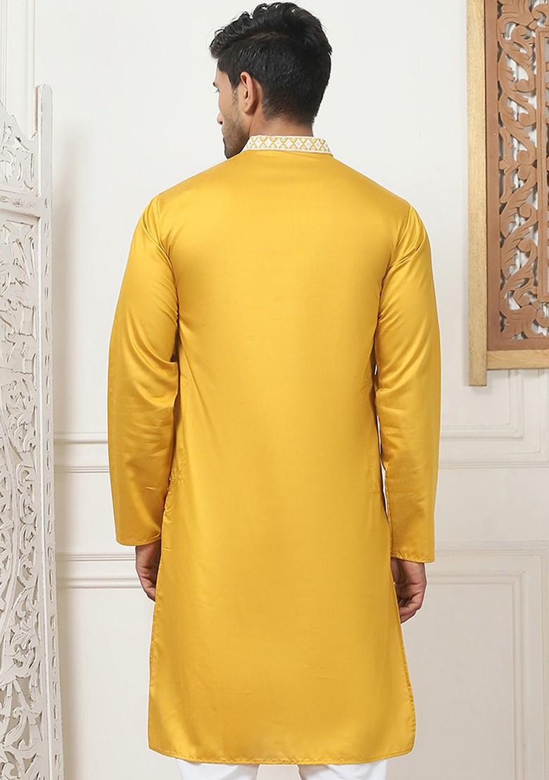 Mustard Yellow Embroidered Poly Blend Kurta For Men