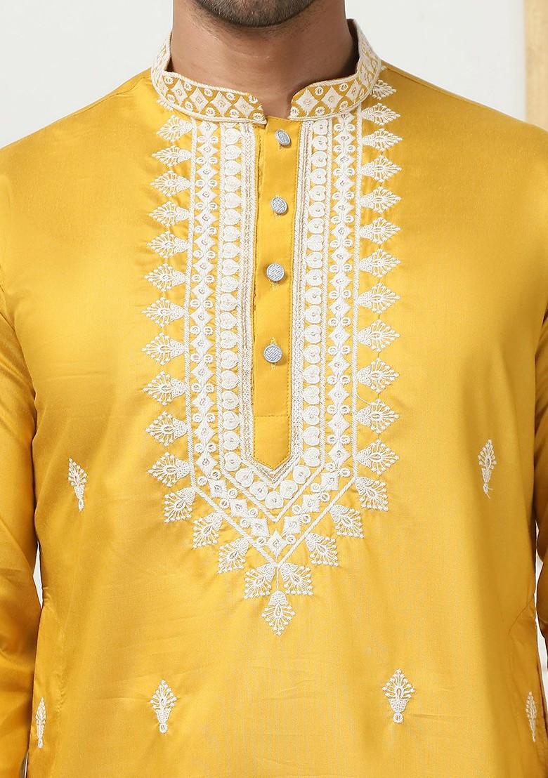 Mustard Yellow Embroidered Poly Blend Kurta For Men
