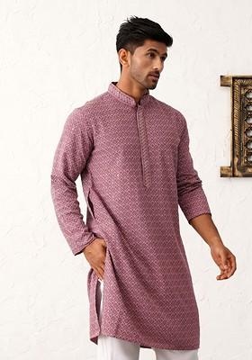 Magenta Embroidered Poly Blend Kurta For Men
