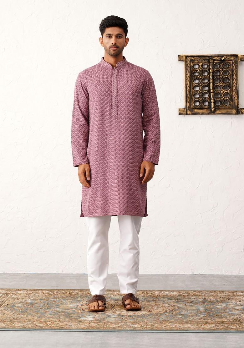 Magenta Embroidered Poly Blend Kurta For Men