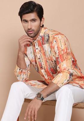 Orange Printed Poly Blend Kurta For Men