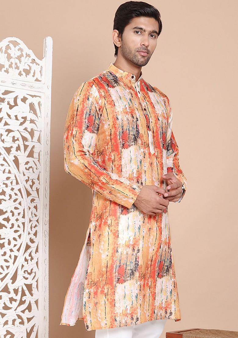 Orange Printed Poly Blend Kurta For Men