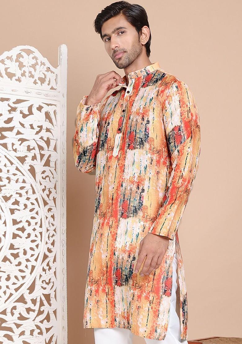 Orange Printed Poly Blend Kurta For Men