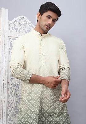 Yellow Printed Poly Blend Kurta For Men