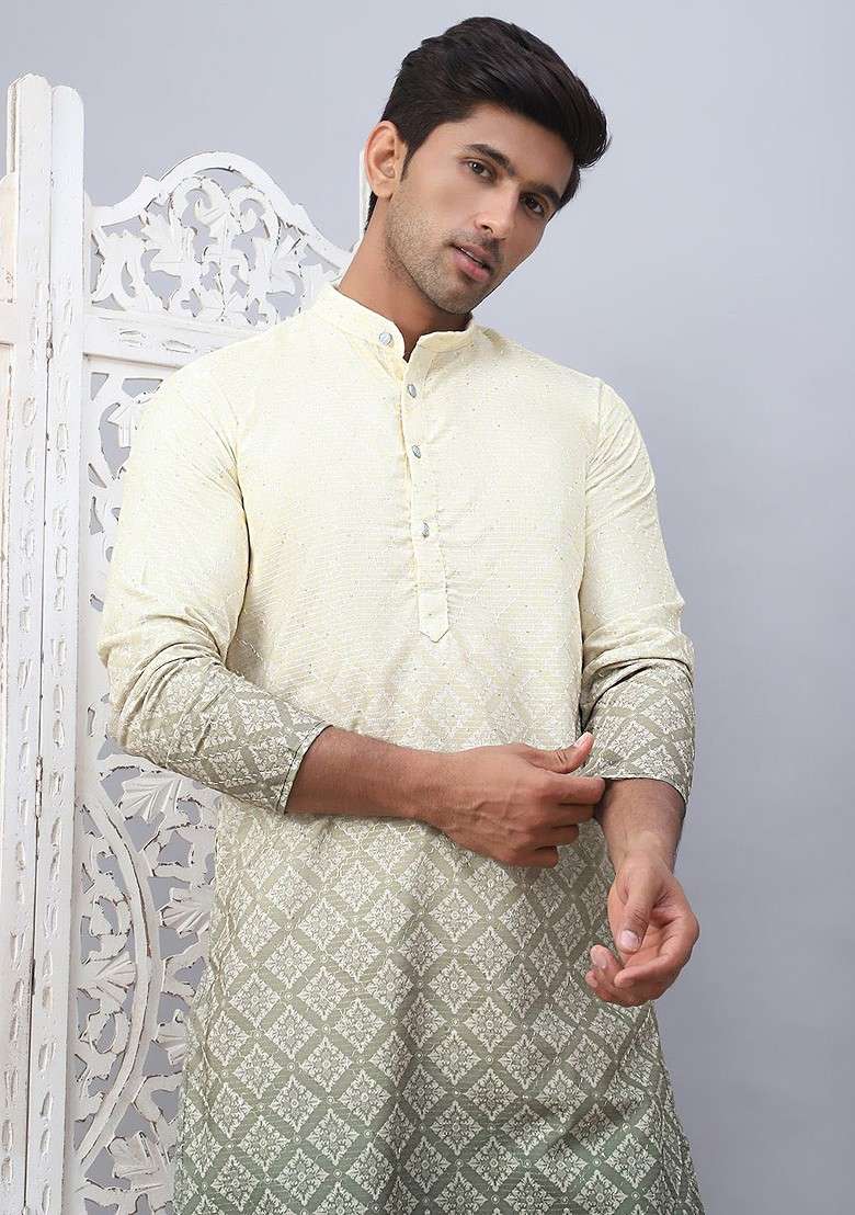 Yellow Printed Poly Blend Kurta For Men - Indya