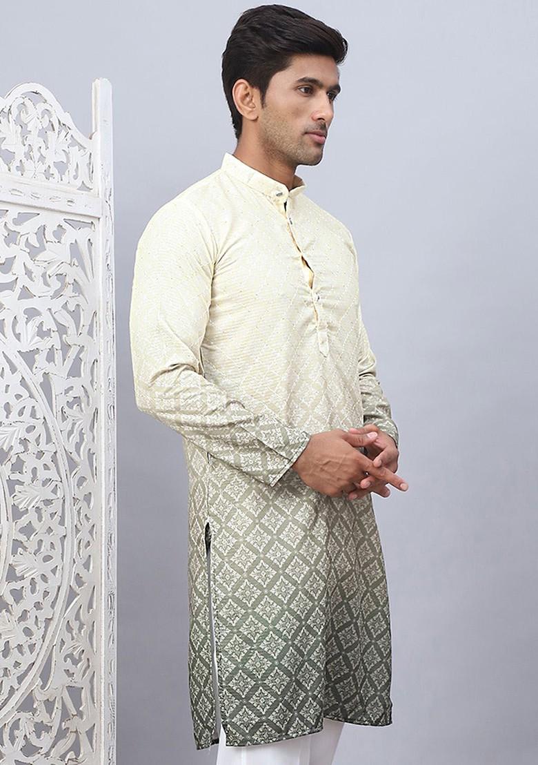 Yellow Printed Poly Blend Kurta For Men