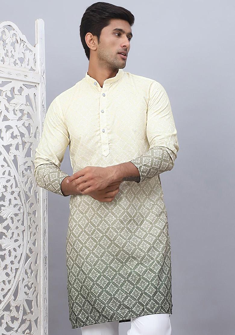 Yellow Printed Poly Blend Kurta For Men