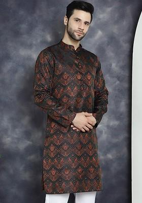 Black Woven Design Poly Blend Kurta For Men