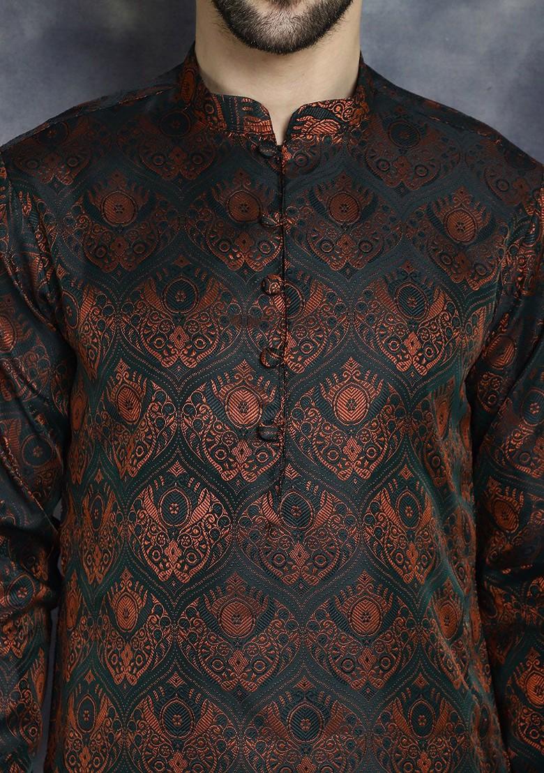 Black Woven Design Poly Blend Kurta For Men