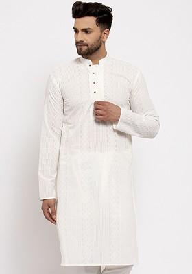 Off White Embroidered Poly Blend Kurta For Men