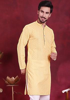 Beige Embroidered Poly Blend Kurta For Men