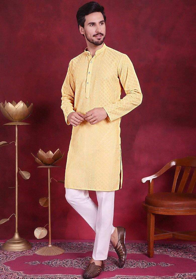 Beige Embroidered Poly Blend Kurta For Men