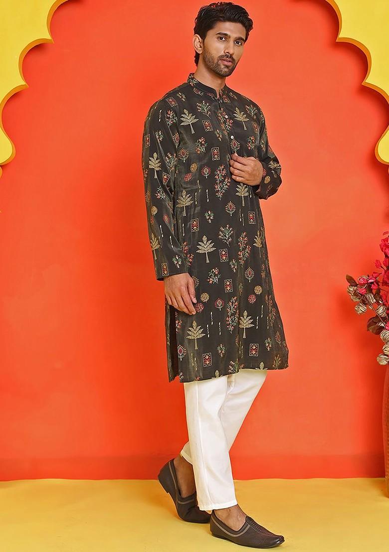 Black Printed Poly Blend Kurta For Men