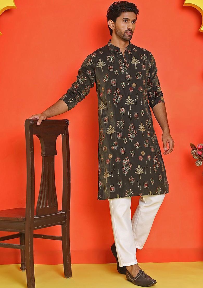 Black Printed Poly Blend Kurta For Men