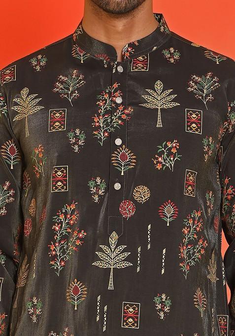 Black Printed Poly Blend Kurta For Men