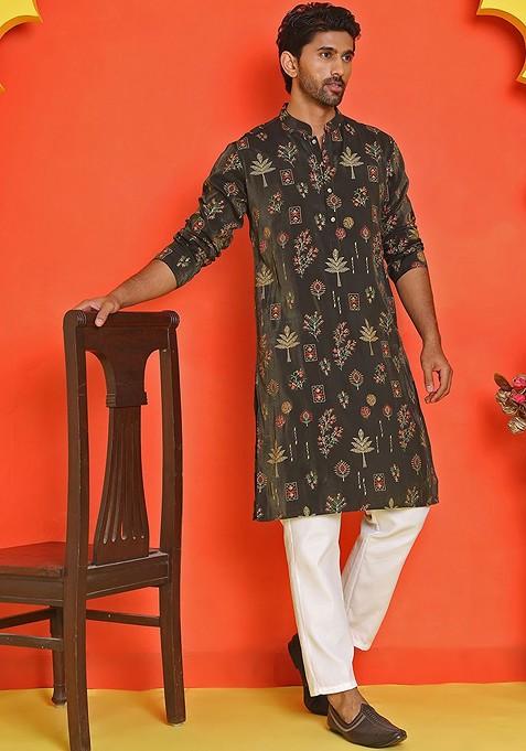 Black Printed Poly Blend Kurta For Men