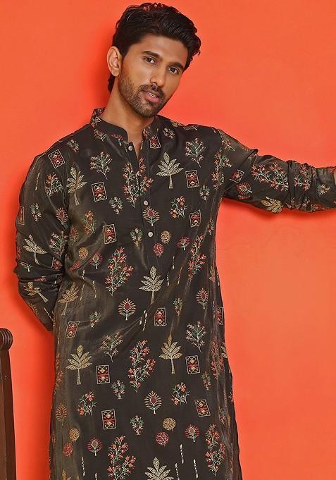Black Printed Poly Blend Kurta For Men