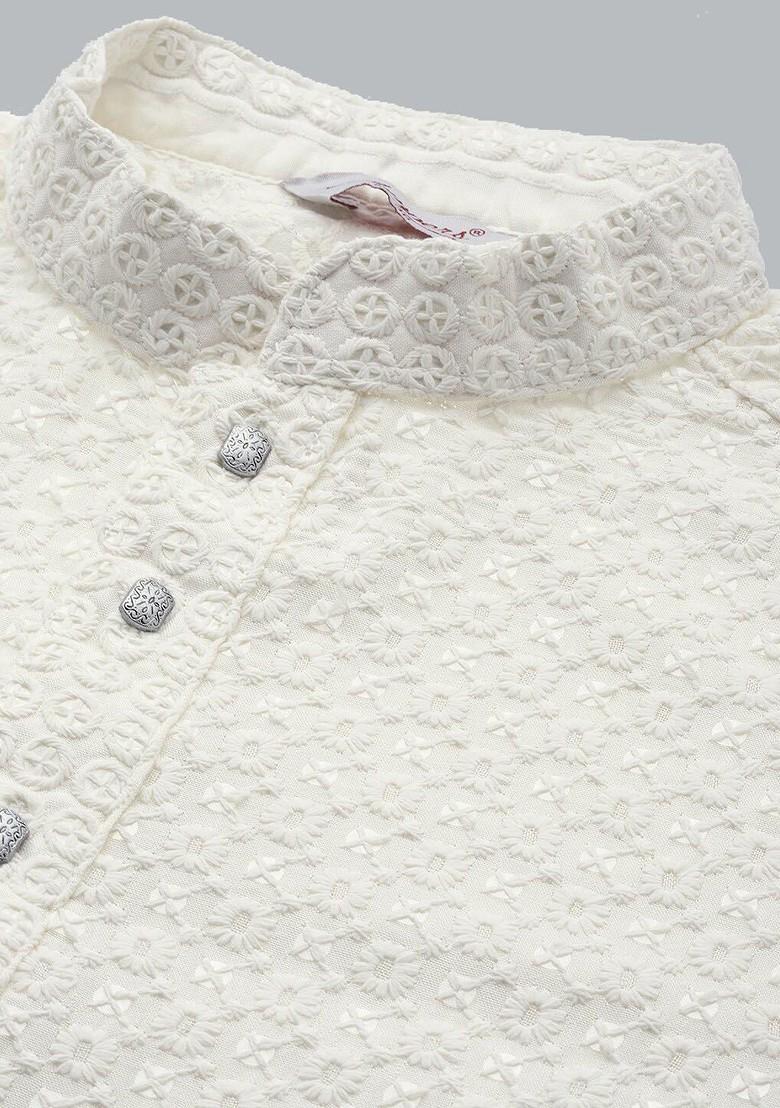 White Embellished Poly Blend Kurta For Men