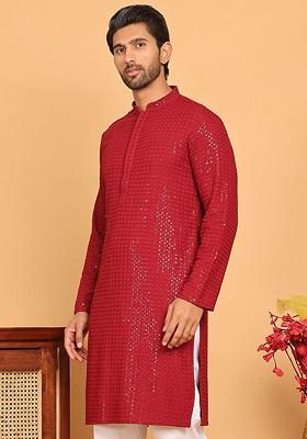 Maroon Embroidered Poly Blend Kurta For Men