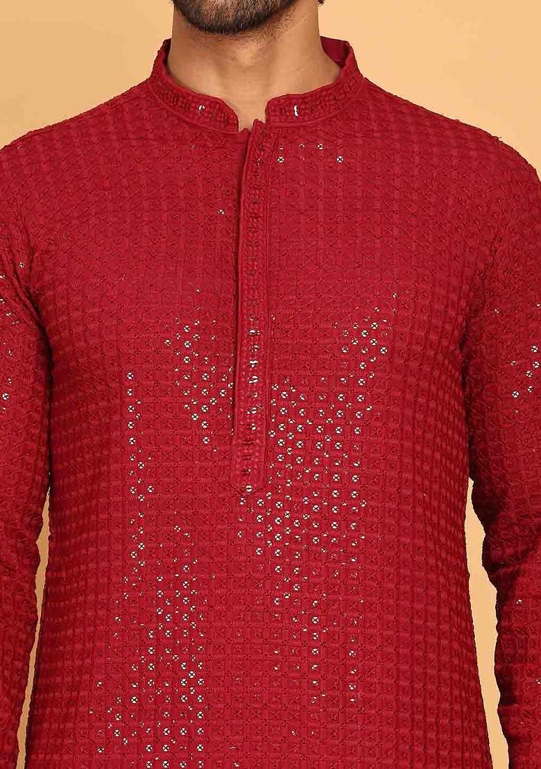 Maroon Embroidered Poly Blend Kurta For Men