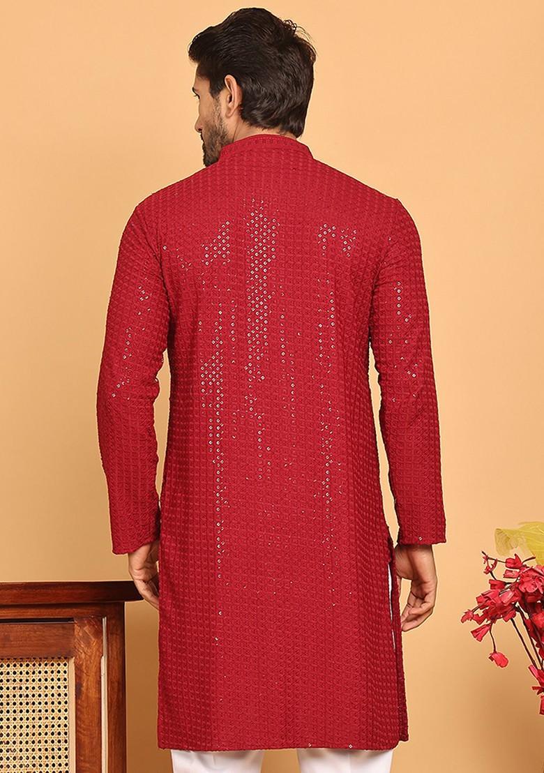 Maroon Embroidered Poly Blend Kurta For Men