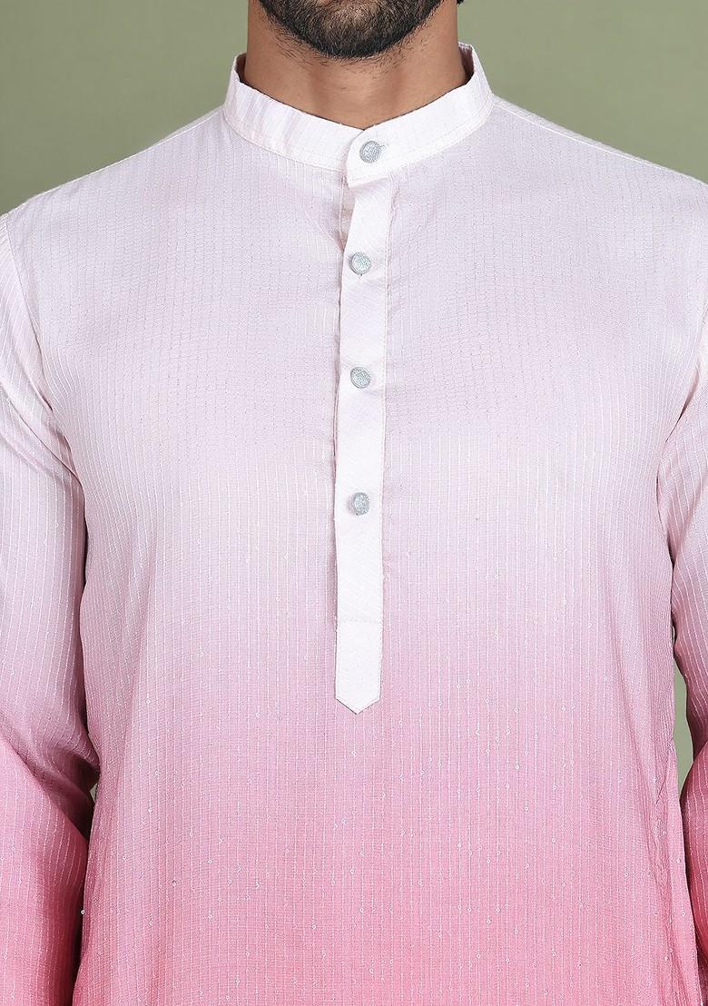 Pink Dyed Poly Blend Kurta For Men