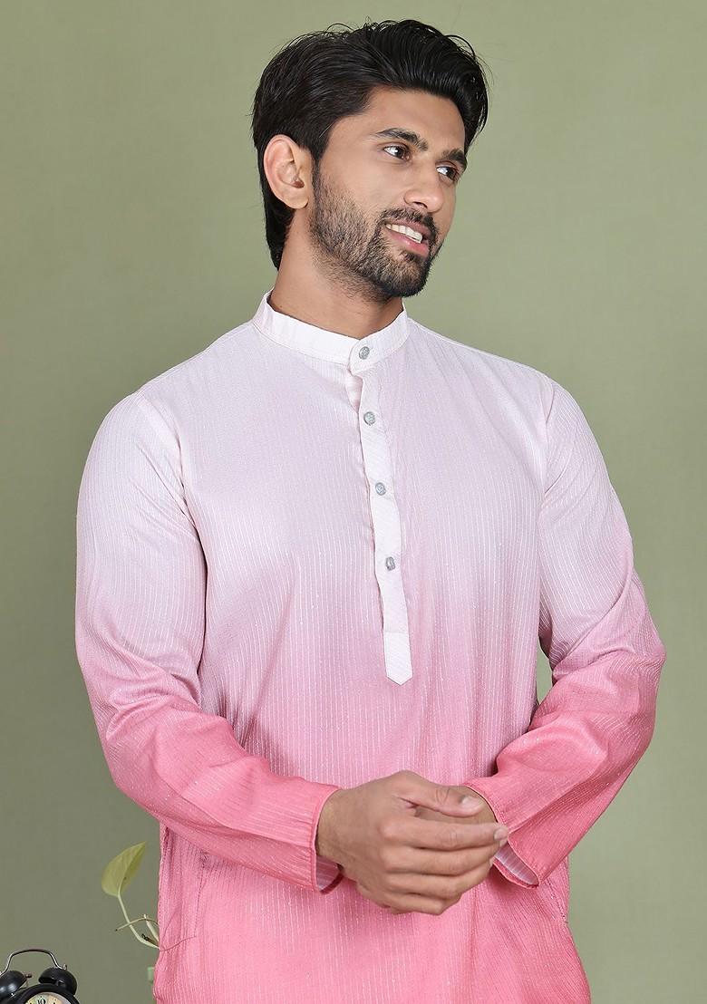 Pink Dyed Poly Blend Kurta For Men