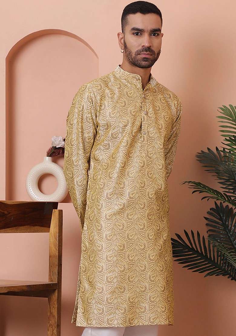 Gold Printed Poly Blend Kurta For Men - Indya