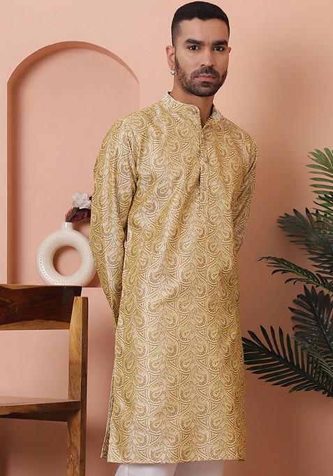 Gold Printed Poly Blend Kurta For Men — view on Indya