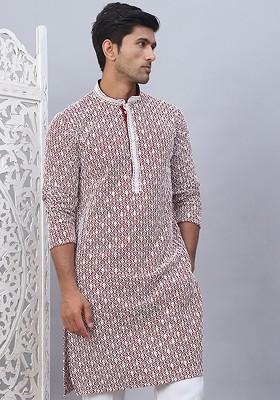 Maroon Embroidered Poly Blend Kurta For Men