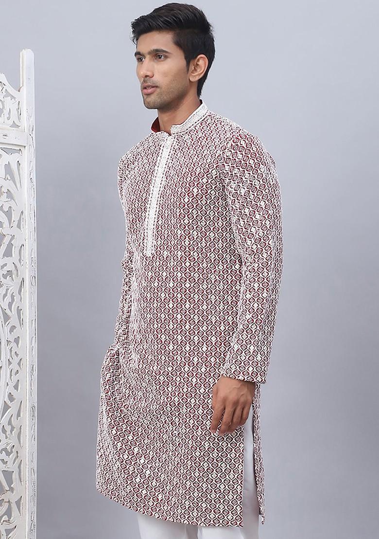 Maroon Embroidered Poly Blend Kurta For Men