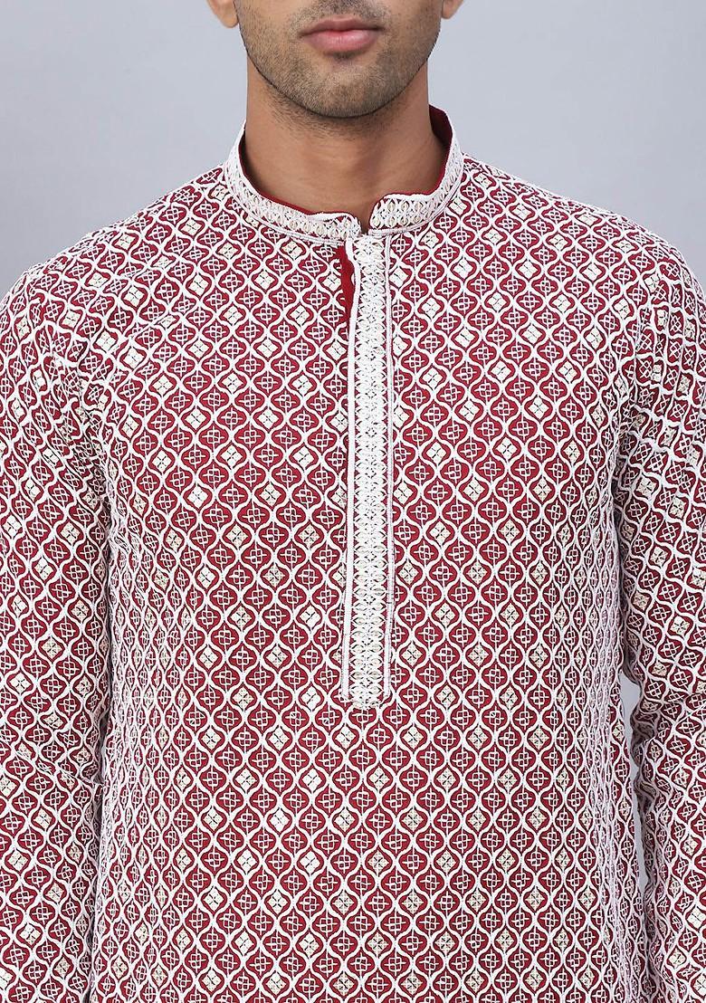 Maroon Embroidered Poly Blend Kurta For Men
