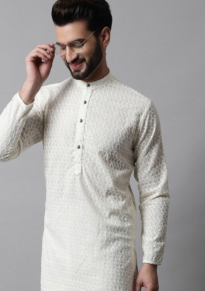 Cream Ethnic Motif Poly Blend Kurta For Men