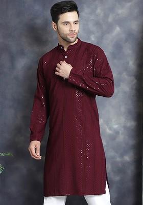 Purple Embellished Poly Blend Kurta For Men