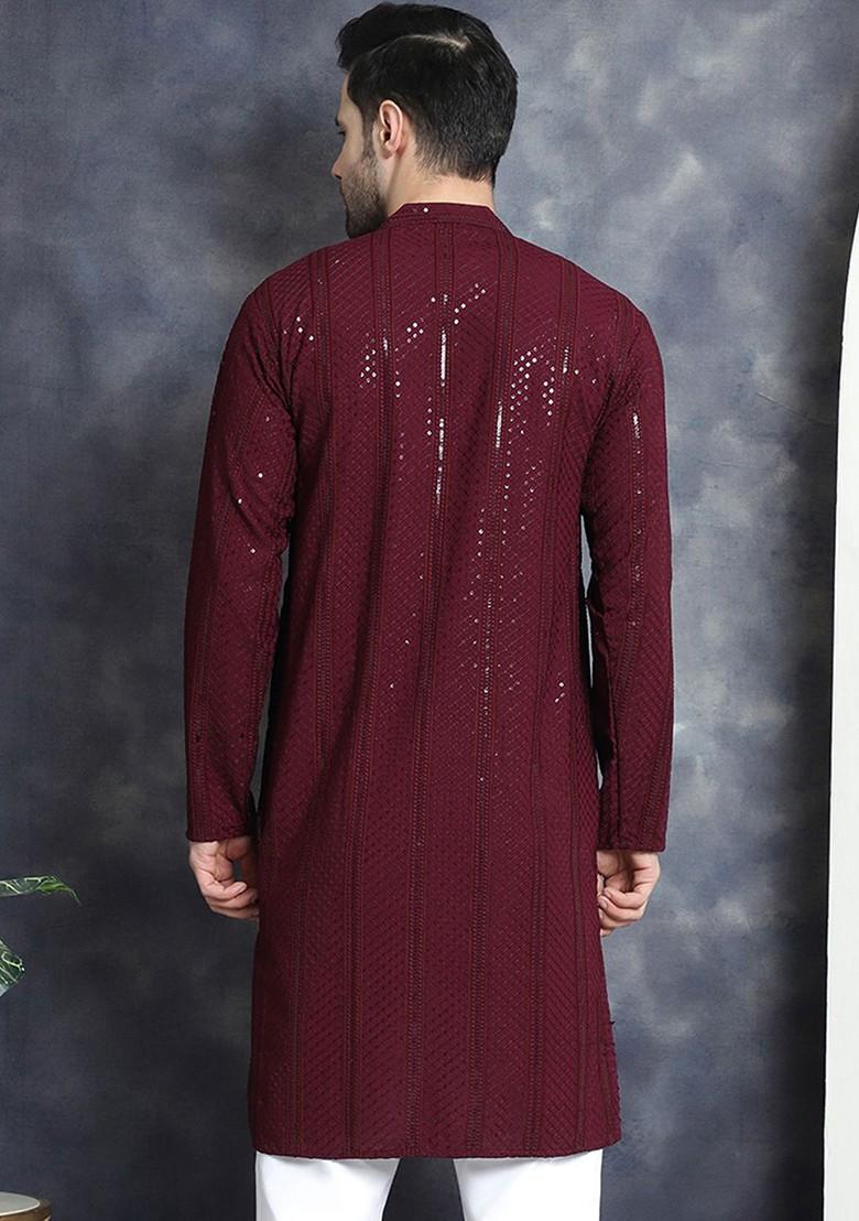 Purple Embellished Poly Blend Kurta For Men