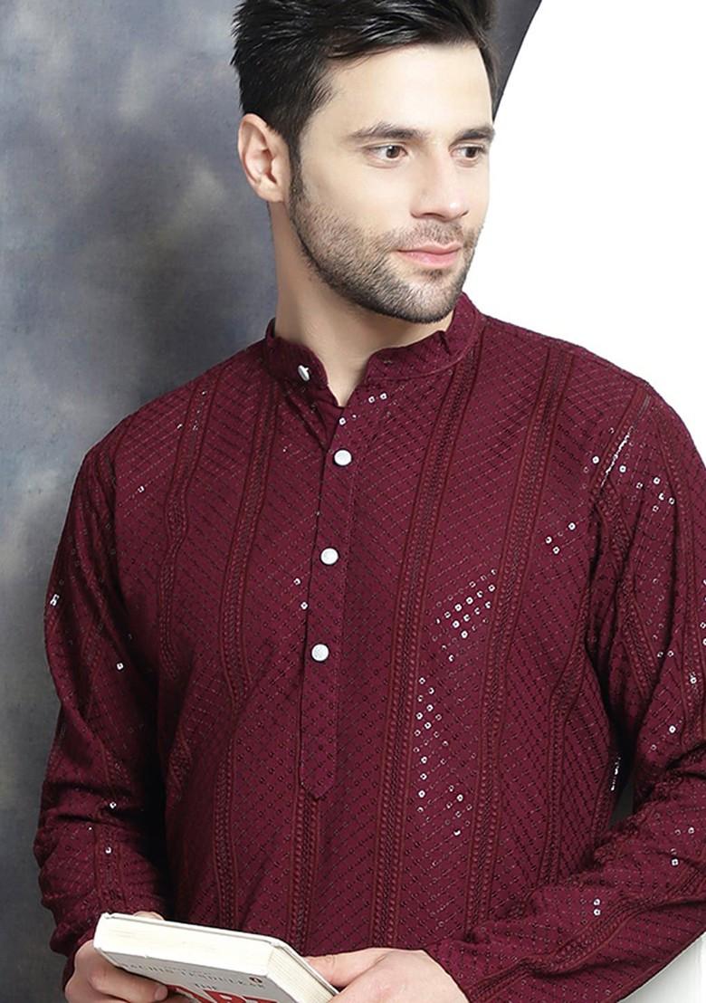 Purple Embellished Poly Blend Kurta For Men