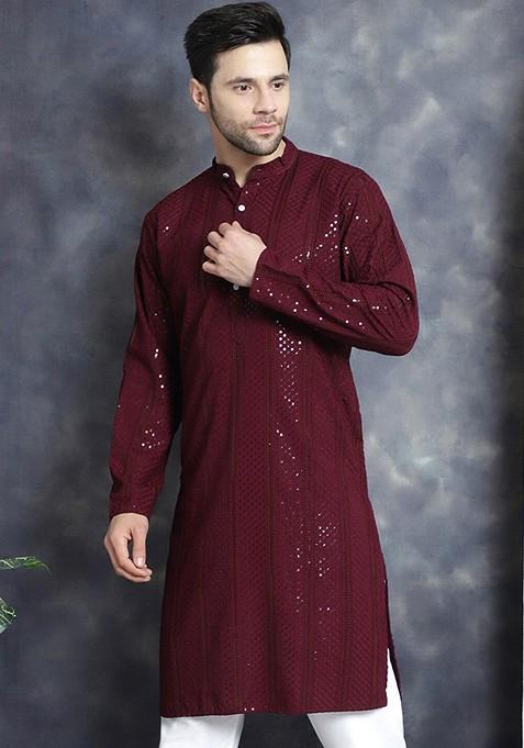 Purple Embellished Poly Blend Kurta For Men — view on Indya